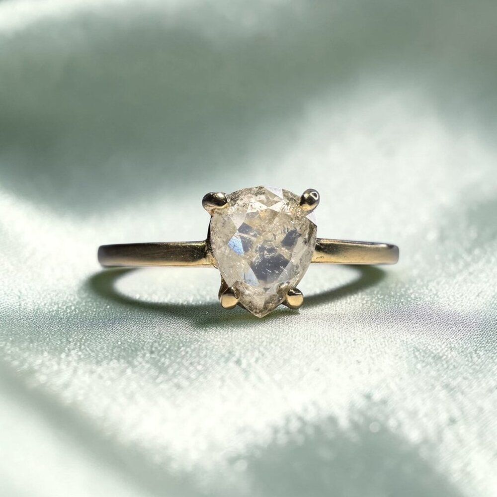 14K Gold Salt & Pepper Pear Diamond Ring - .40CT -Size 5 Dainty Icy Diamond Ring